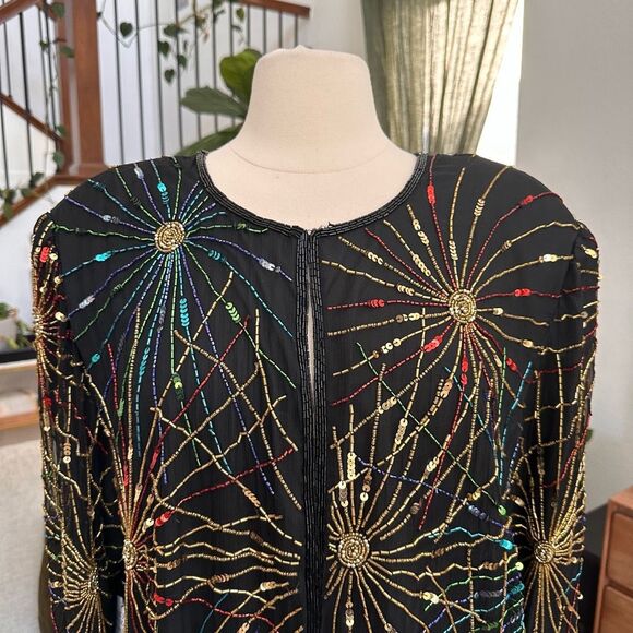 Vintage Laurence Kazar Silk Beaded Cardigan 2X Firework Colorful Evening NEW - Picture 2 of 16